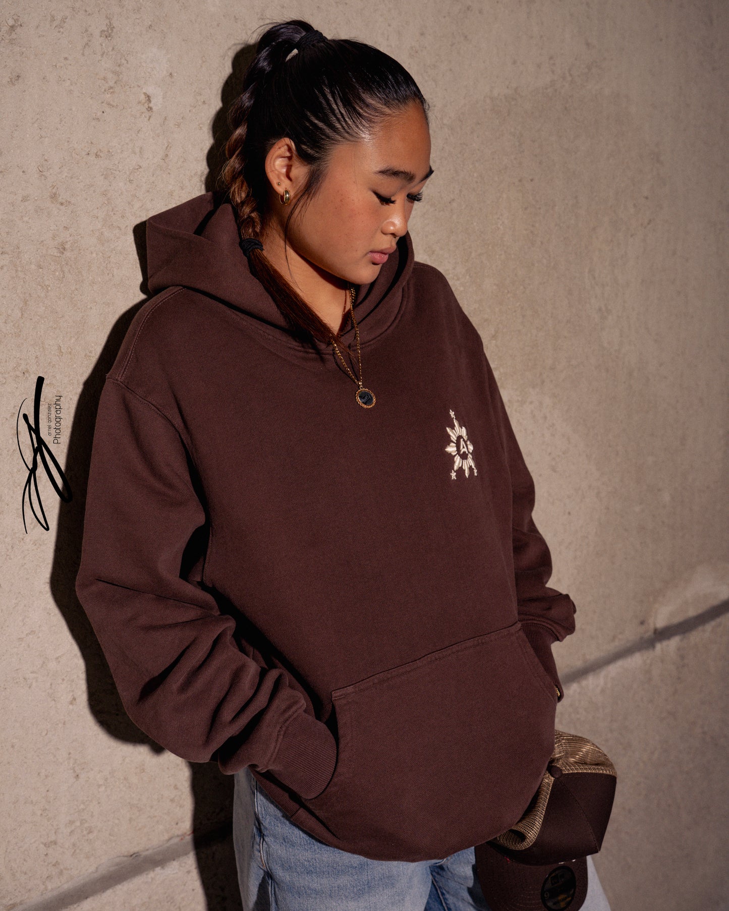 # Brown Puff Embroidered Hoodie Oversize Pre-Shrunk, Unisex